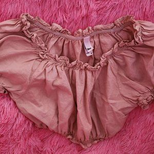 Los Angeles Apparel Beige Off Shoulder Poplin Scrunch Crop Top Blouse